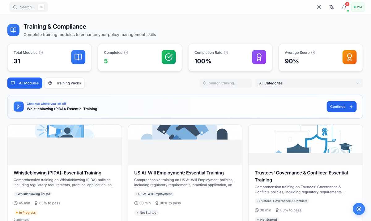 Training modules with cover images and progress tracking
